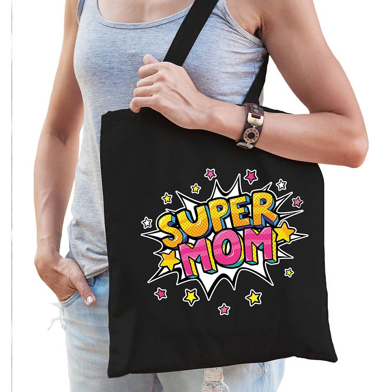 Foto van Super mom popart katoenen tas zwart voor dames - cadeau tasjes - feest boodschappentassen