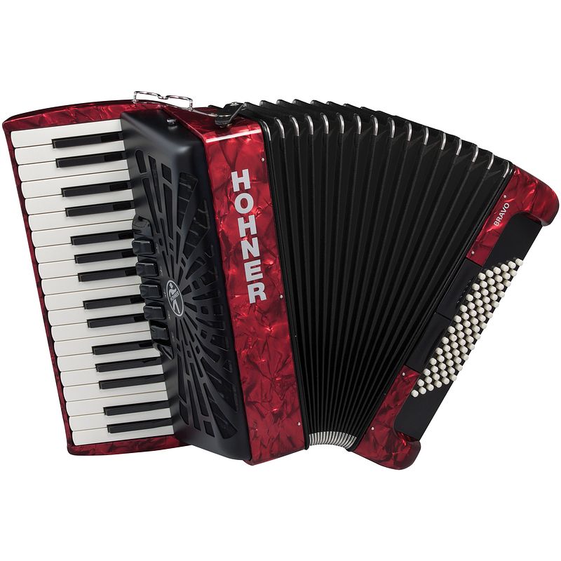 Foto van Hohner bravo iii 72 rood, silent key accordeon