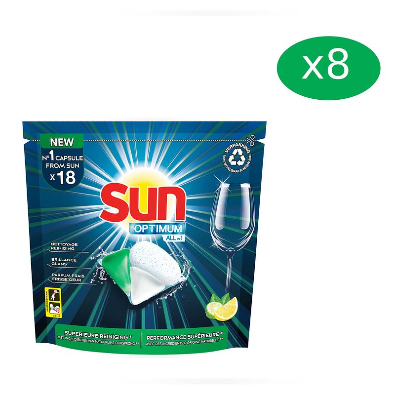 Foto van Sun - optimum vaatwascapsules all-in one lemon - voordeelverpakking 8 x 18 tabs