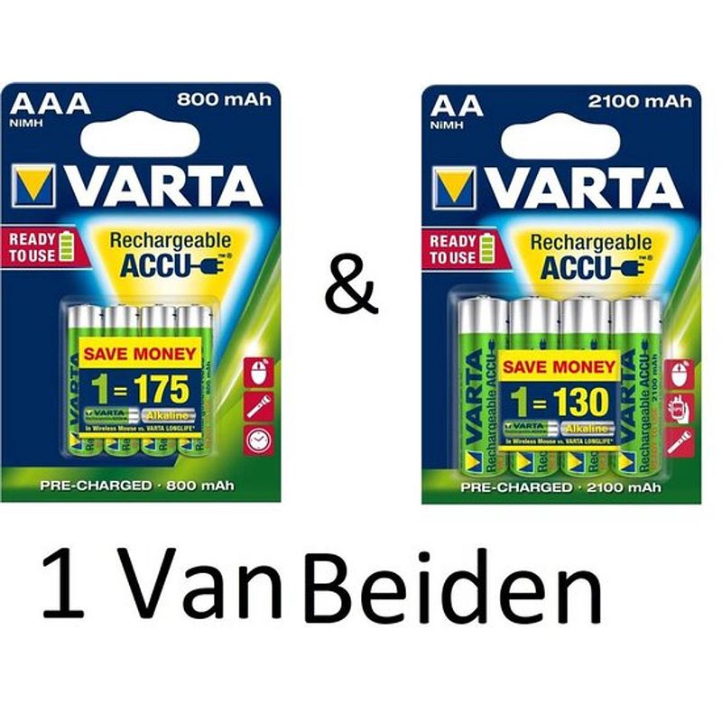 Foto van Varta aa & aaa oplaadbare batterijen combi aanbieding 800 mah & 2100 mah