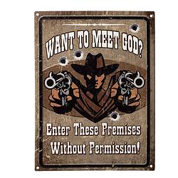 Foto van Clayre & eef tekstbord 25x33 cm bruin ijzer cowboy want to meet god? wandbord spreuk wandplaat bruin wandbord spreuk