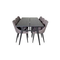 Foto van Sleek eethoek eetkamertafel uitschuifbare tafel lengte cm 195 / 280 zwart en 6 plaza eetkamerstal grijs, zwart.