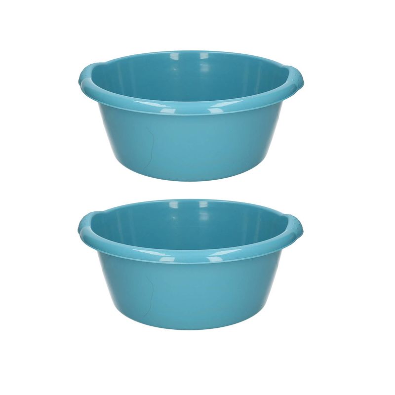 Foto van 2x stuks turquoise blauwe afwasbak/afwasteil rond 10 liter 38 cm - afwasbak