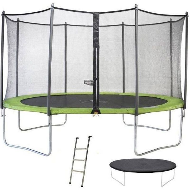 Foto van Kangui twin trampoline 430cm - groen - met veiligheidsnet, ladder, beschermhoes