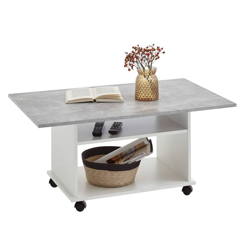 Foto van Fmd salontafel met wieltjes betongrijs en wit