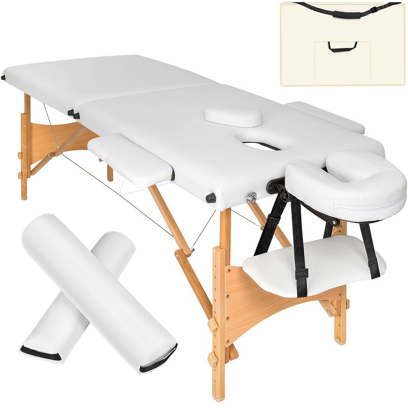 Foto van Tectake® - 2 zones massagetafel-set met 5cm matras, rolkussens en houten frame - wit - 404746