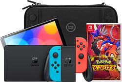 Foto van Nintendo switch oled blauw/rood + pokémon scarlet + bluebuilt travel case