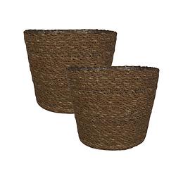 Foto van Set van 2x stuks plantenpot/bloempot van jute/zeegras diameter 18 cm en hoogte 16 cm camel bruin - plantenpotten