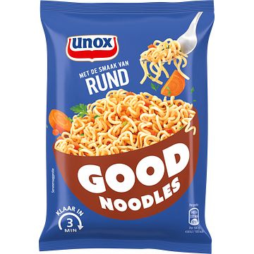 Foto van 2 zakken soep a 570 ml, pakken cupasoup a 3 stuks of single verpakkingen noodles of pasta | unox good noodles rund 63g aanbieding bij jumbo