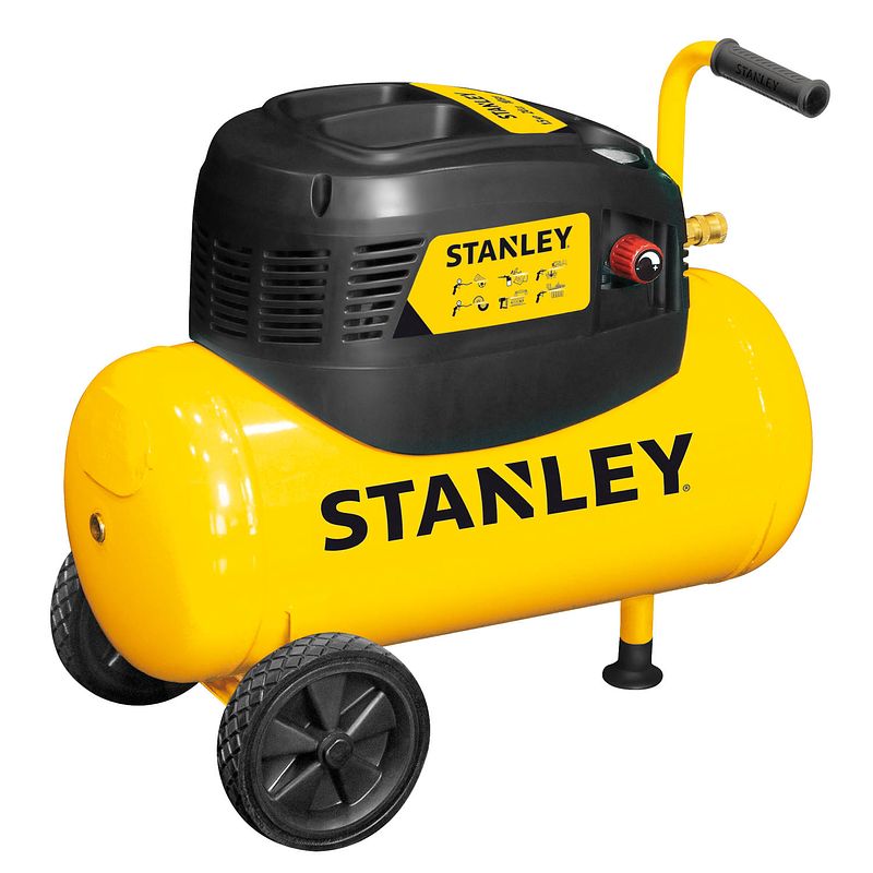 Foto van Stanley compressor dn200/8/24 - luchtcompressor 8 bar - 24l - 180l/min - met handvat en wielen - olievrij - geel