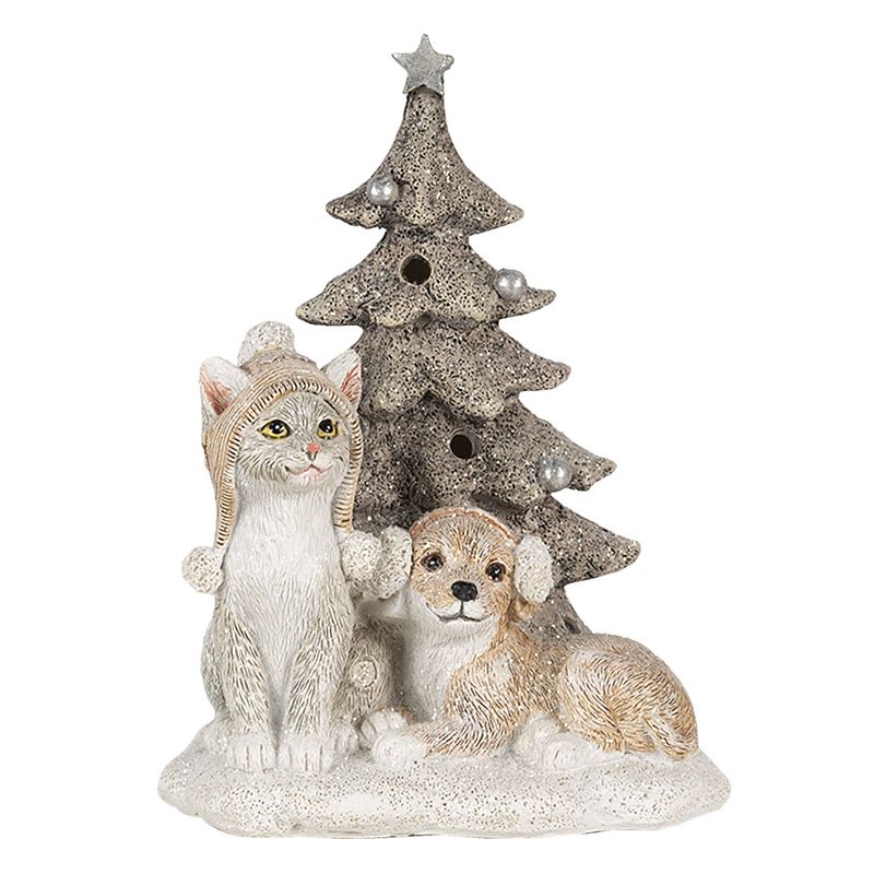 Foto van Clayre & eef kerstdecoratie beeld honden en kat 11*9*15 cm led wit grijs kunststof decoratief figuur decoratieve