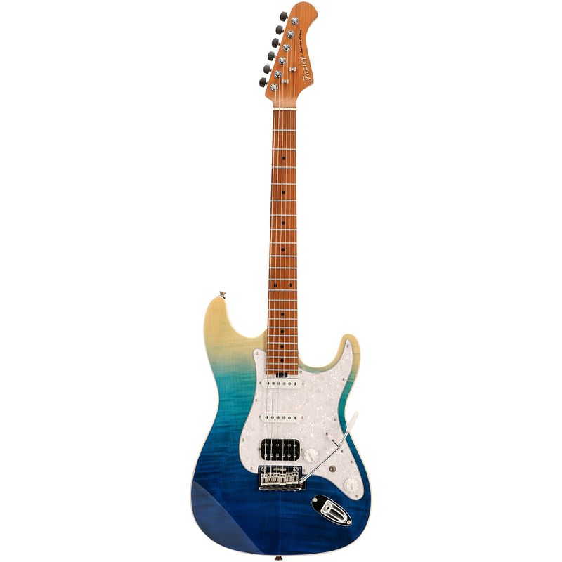 Foto van Fazley sunrise series shore blue ocean fade elektrische gitaar met deluxe gigbag