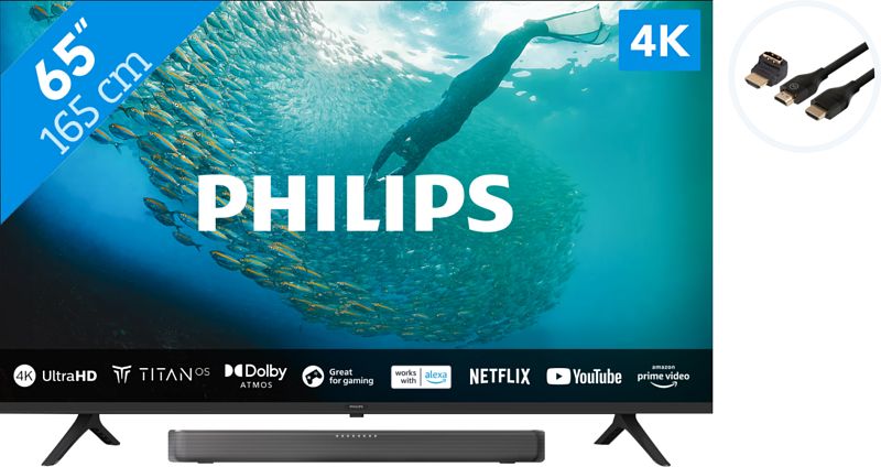 Foto van Philips 65pus7009  + soundbar + hdmi kabel