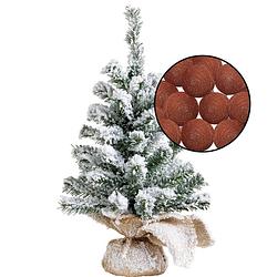 Foto van Mini kerstboom besneeuwd met verlichting - in jute zak - h45 cm - terracotta - kunstkerstboom