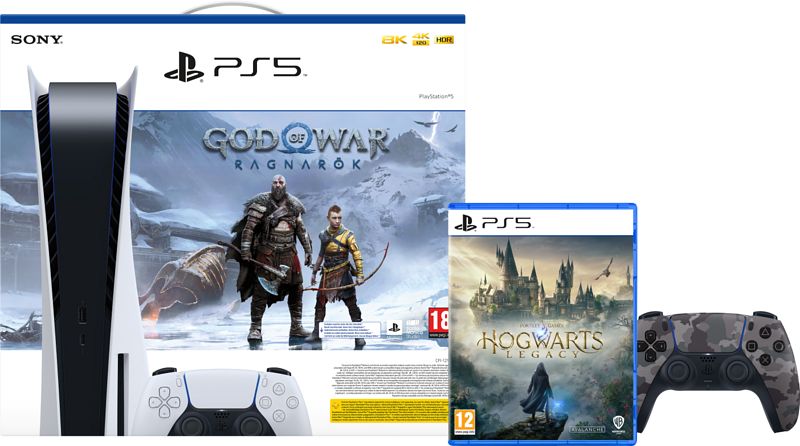 Foto van Playstation 5 disc edition + god of war + hogwarts legacy + extra controller grey camo