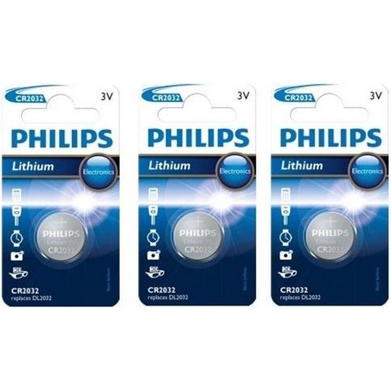 Foto van 3 stuks - philips cr2032 3v lithium knoopcelbatterij