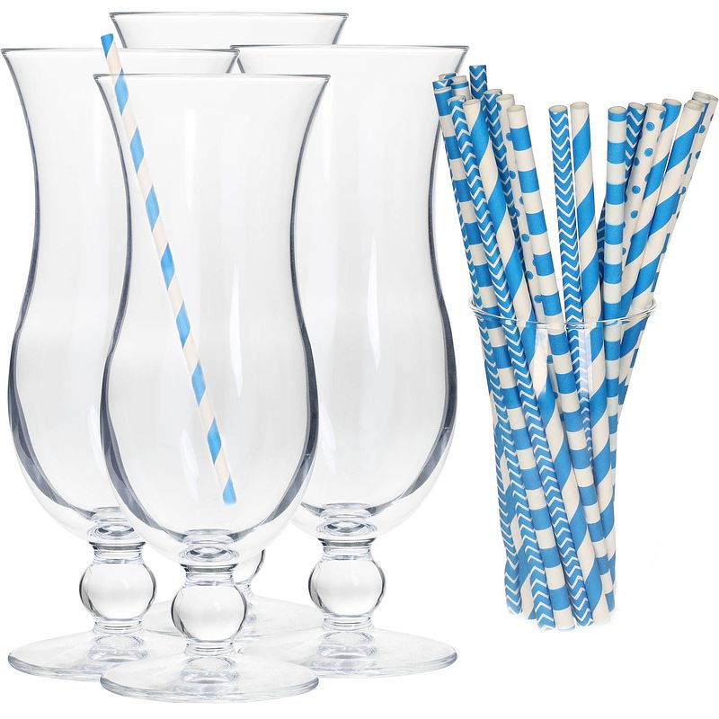 Foto van Cocktail set van 4x cocktail glazen en 100x rietjes - 440 ml - blauw - drinkglazen