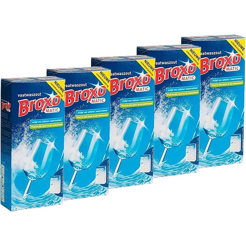 Foto van Broxo matic vaatwaszout 5 x 1kg korrels voorkomt kalkafzetting vaatwasser zout promo verpakking