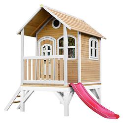 Foto van Axi tom speelhuis op palen & rode glijbaan speelhuisje voor de tuin / buiten in bruin & wit van fsc hout