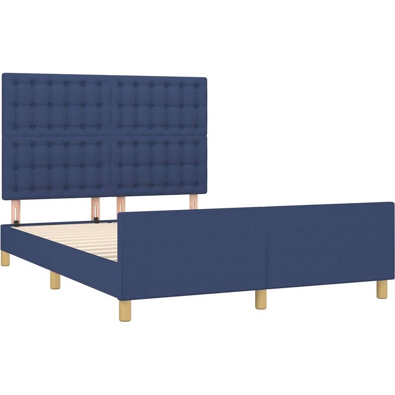 Foto van The living store bedframe - blauw - 203 x 146 x 118/128 cm - verstelbaar hoofdeinde - stevige poten - multiplex