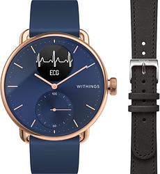 Foto van Withings scanwatch blauw 38 mm + withings leren bandje zwart 18mm