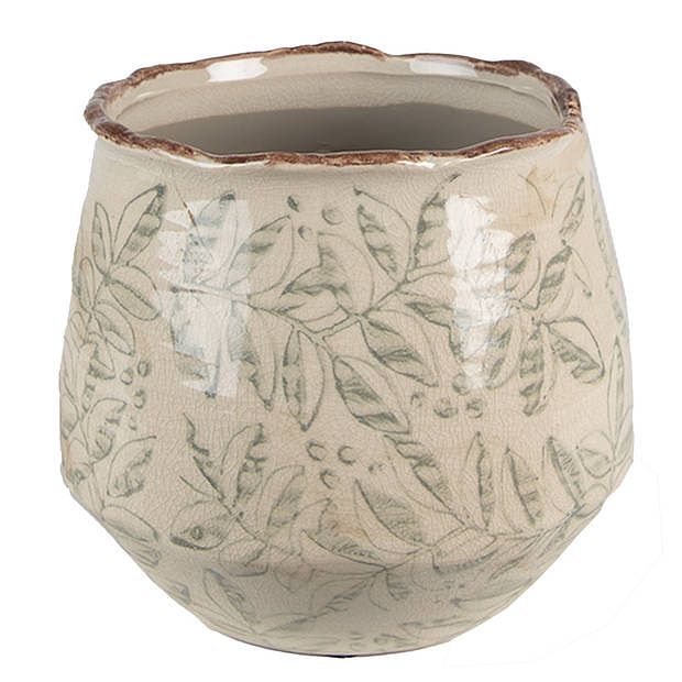 Foto van Clayre & eef bloempot ø 17x15 cm groen beige keramiek bladeren bloempot binnen plantenpot plant pot groen bloempot