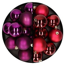 Foto van Kerstballen 24x stuks - mix donkerrood en paars - 6 cm - kunststof - kerstbal