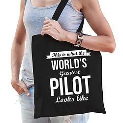 Foto van Worlds greatest pilot tas zwart volwassenen - werelds beste piloot cadeau tas - feest boodschappentassen