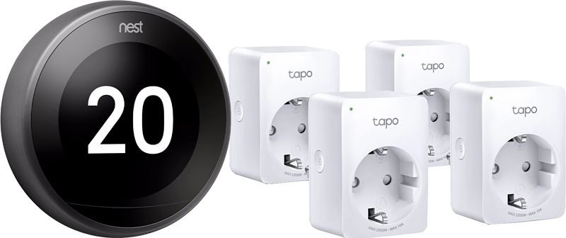 Foto van Google nest learning thermostat zwart + tp-link tapo p100 4-pack