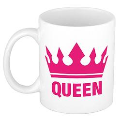 Foto van Cadeau queen mok/ beker wit met fuchsia roze bedrukking 300 ml - feest mokken