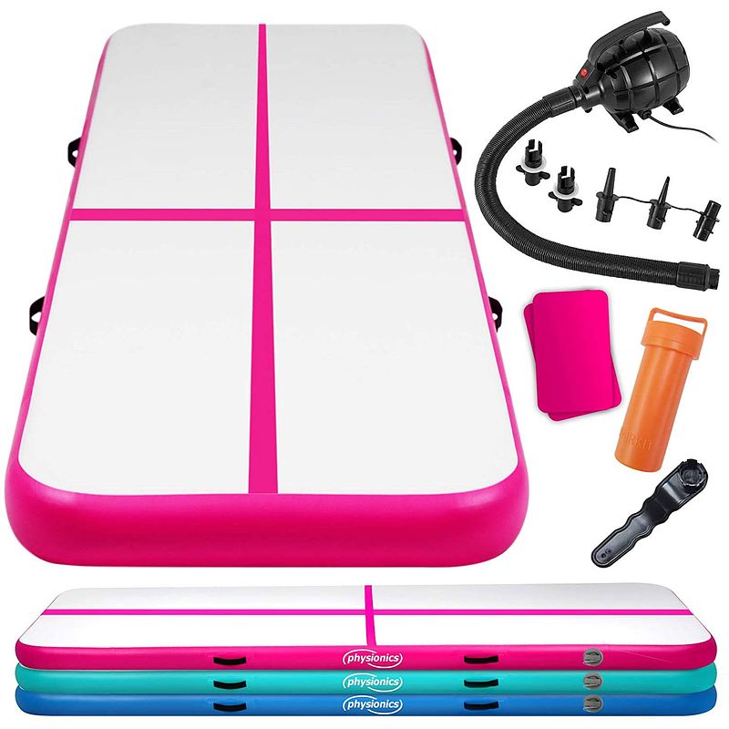 Foto van Opblaasbare pvc gym mat, roze, 4 meter, met elektrische luchtpomp, gymnastiekmat, trainingsmat, fitnessmat