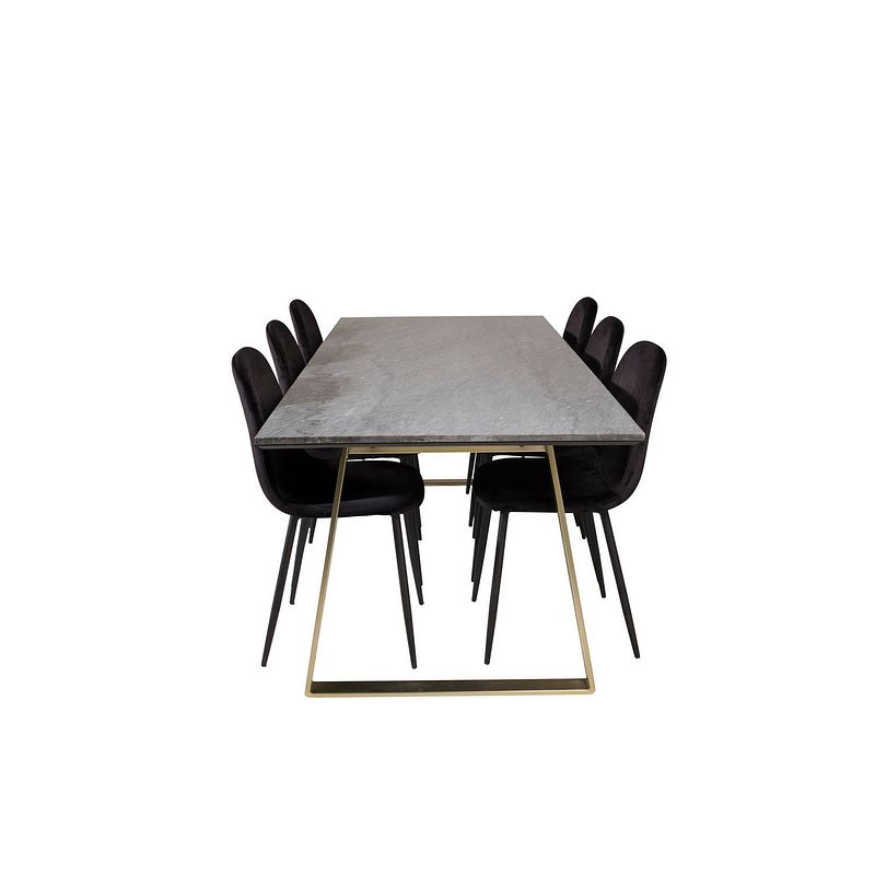 Foto van Estelleblbr eethoek eetkamertafel zwart, marmer en 6 polar eetkamerstal velours zwart.