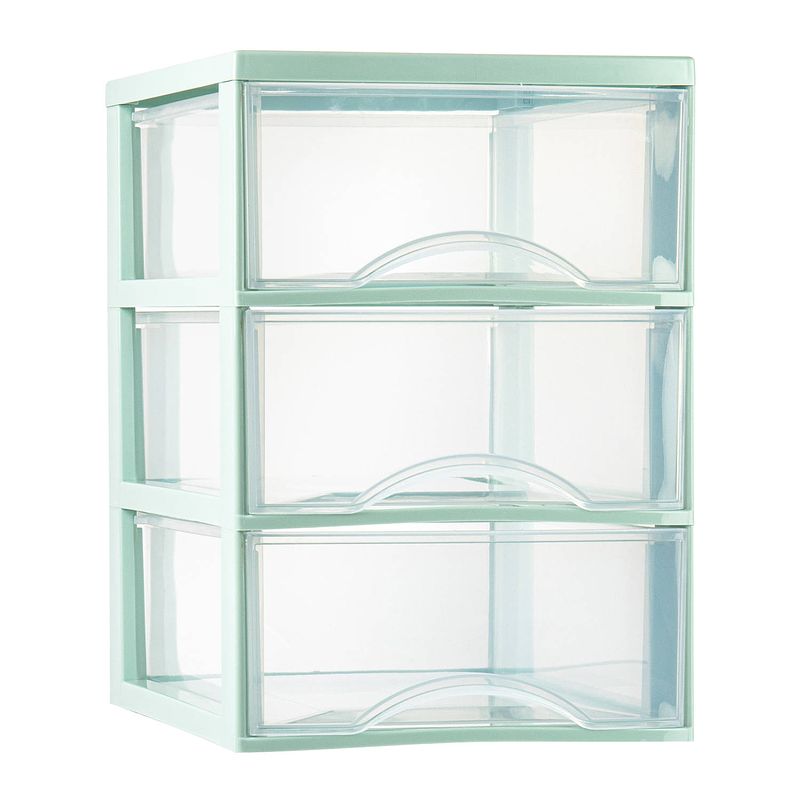 Foto van Plasticforte ladeblokje/bureau organizer 3x lades - transparant/mintgroen - l26 x b36 x h37 cm - ladeblok