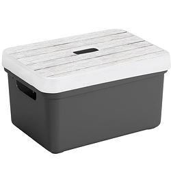 Foto van Sunware opbergbox/mand - antraciet - 13 liter - met deksel hout kleur - opbergbox
