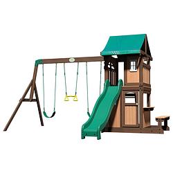 Foto van Backyard discovery lakewood compleet speeltoestel speeltoren met schommels / glijbaan / trapeze / picknickbankje