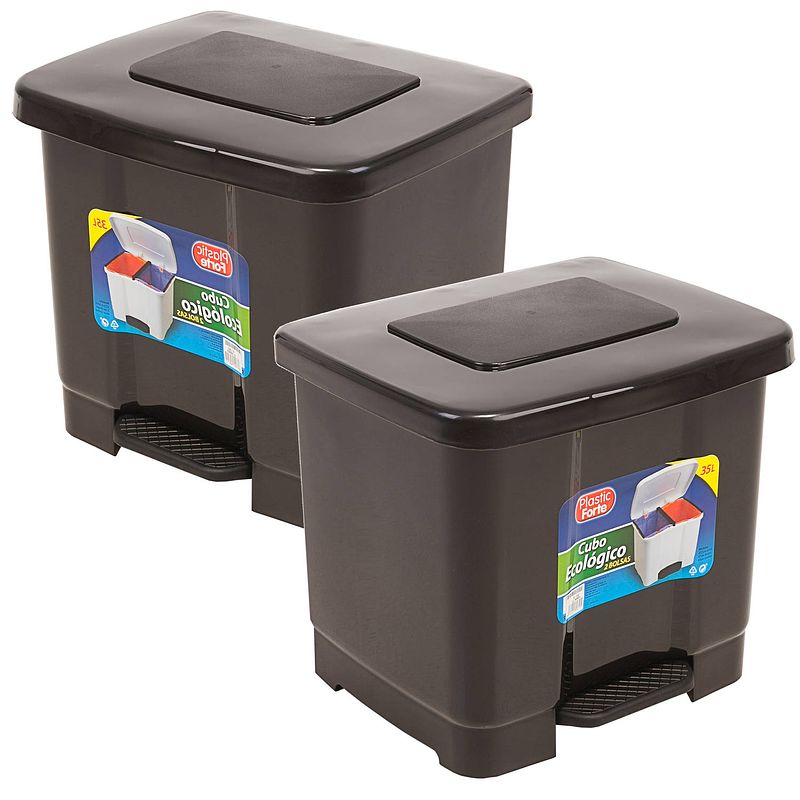 Foto van 2x stuks dubbele afvalemmer/vuilnisemmer donkergrijs 35 liter met deksel en pedaal - prullenbakken