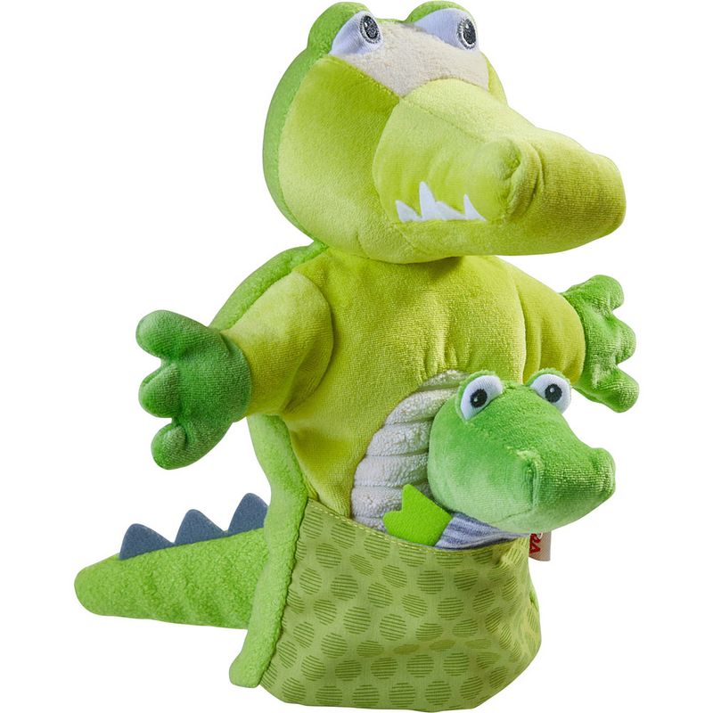 Foto van Haba handpop krokodil met baby junior 30 x 22 cm polyester groen