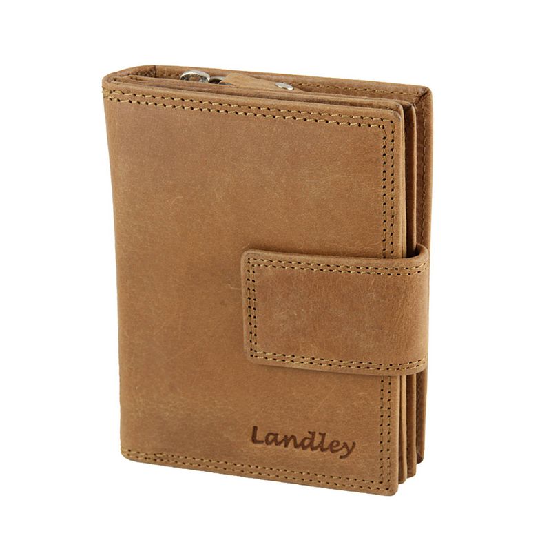 Foto van Landley vintage dames rits portemonnee met clip - rfid portefeuille - pull-up leer - cognac bruin