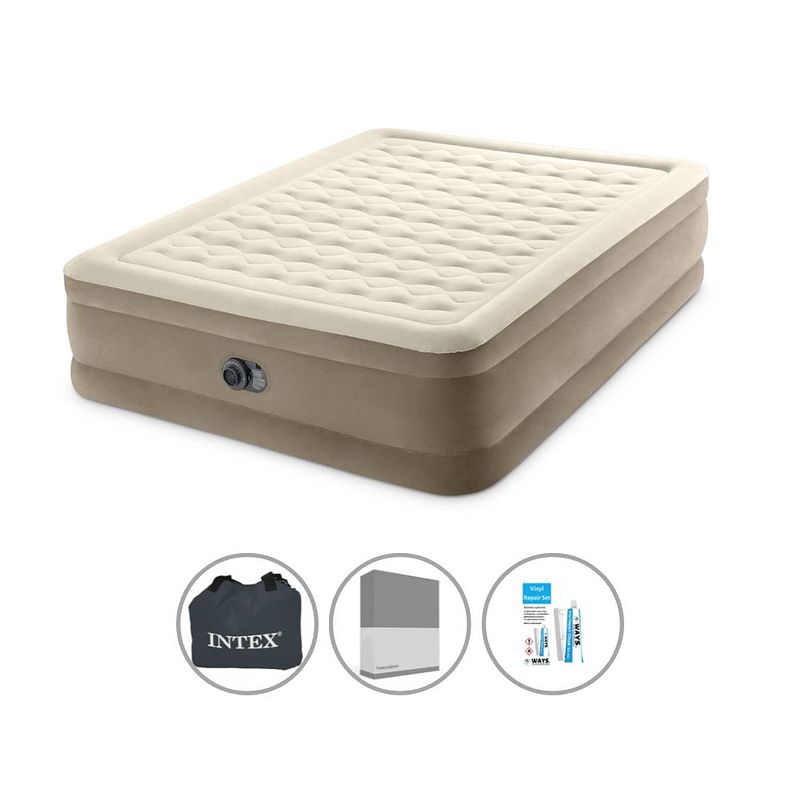 Foto van Intex luchtbedset- 2-persoons - 152 x 203 x 46 cm - beige - met ingebouwde pomp + hoeslaken antraciet + reparatieset