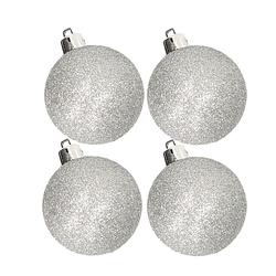 Foto van 4x stuks kunststof glitter kerstballen zilver 10 cm - kerstbal
