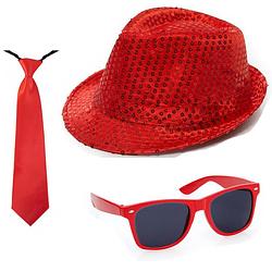 Foto van Carnaval verkleed set hoed stropdas en bril rood glitters - verkleedhoofddeksels