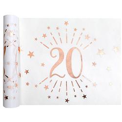 Foto van Tafelloper op rol - 2x - 20 jaar verjaardag - wit/rose goud - 30 x 500 cm - polyester - feesttafelkleden