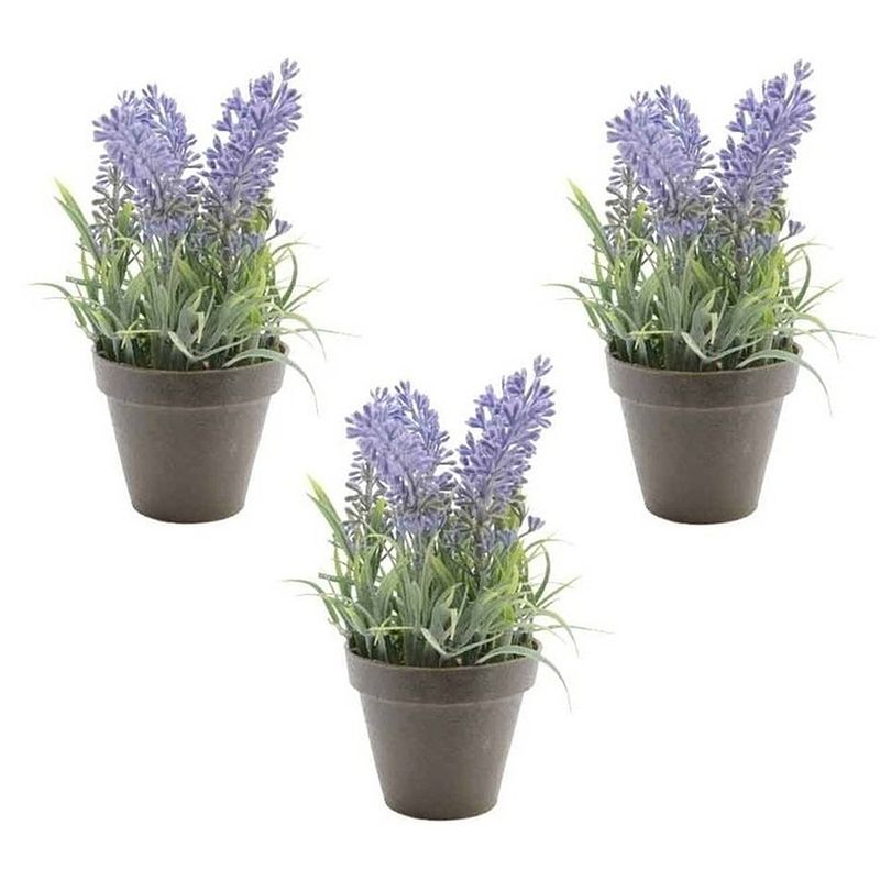 Foto van 3x groen/paarse lavendula/lavendel kunstplanten 17 cm zwarte pot - kunstplanten