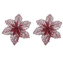 Foto van 2x stuks decoratie bloemen kerstster rood glitter op clip 17 cm - kersthangers