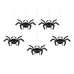 Foto van Partydeco halloween thema hangende spinnen - 5x - zwart - papier - 27 cm - hangdecoratie