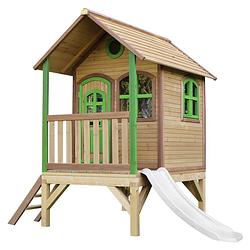 Foto van Axi tom speelhuis op palen & witte glijbaan speelhuisje voor de tuin / buiten in bruin & groen van fsc hout