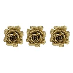 Foto van 6x stuks decoratie bloemen roos goud glitter op clip 10 cm - kersthangers