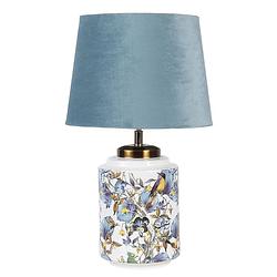 Foto van Haes deco - tafellamp - modern chic - bloemen en vogels, ø 25x41 cm - blauw/wit - bureaulamp, sfeerlamp, nachtlampje