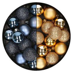 Foto van 28x stuks kleine kunststof kerstballen nachtblauw en goud 3 cm - kerstbal