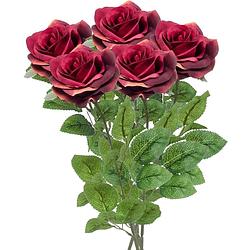Foto van Emerald kunstbloem roos marleen - 5x - wijn rood - 63 cm - decoratie bloemen - kunstbloemen